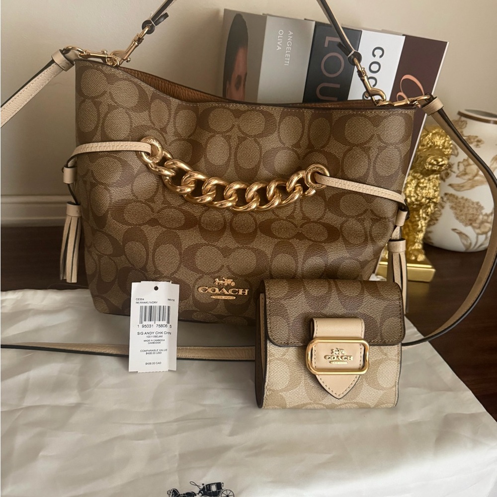 Coach Brown Signature Canvas Hobo Bag with Gold Chain and Tan Trim